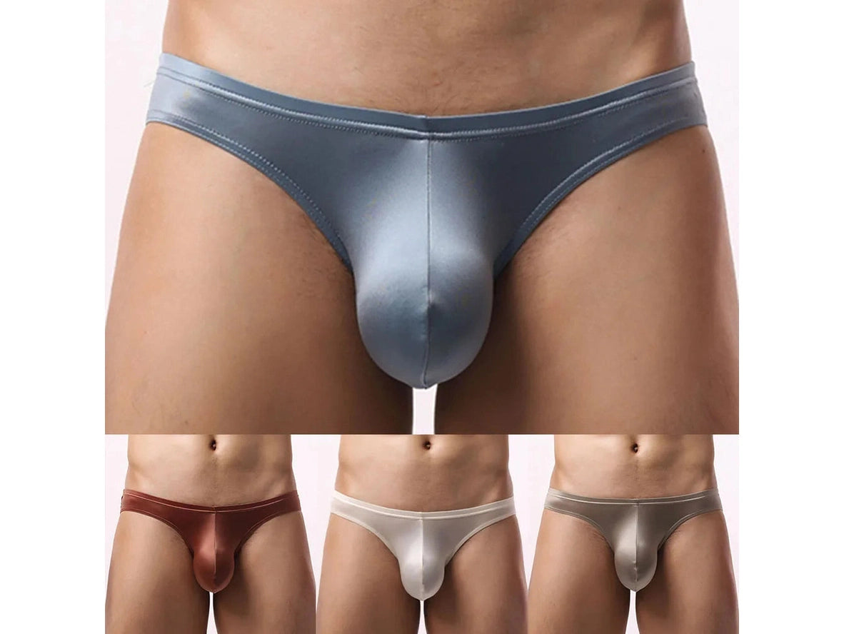 Blue-gray and bronze Body Glide gay briefs color options on models