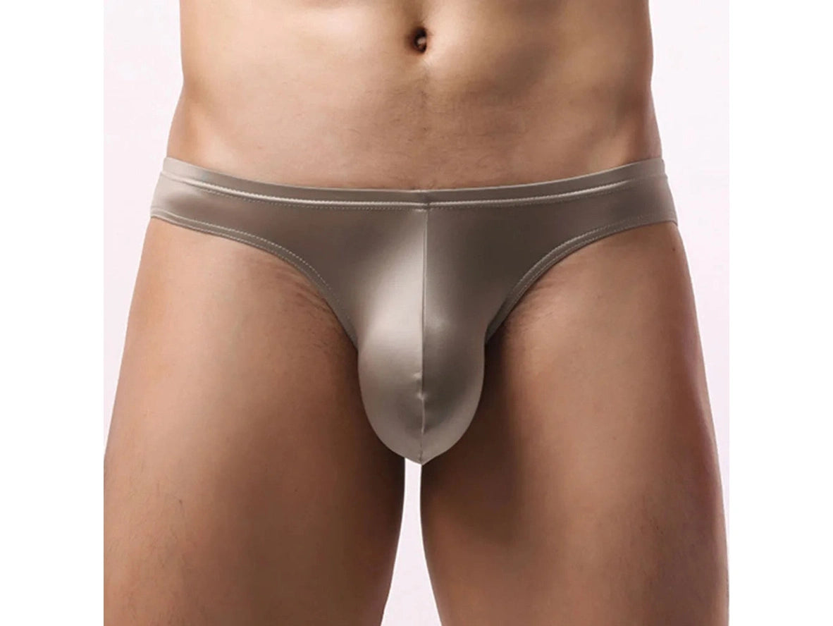 Metallic silver Body Glide gay briefs with satin finish and molded pouch