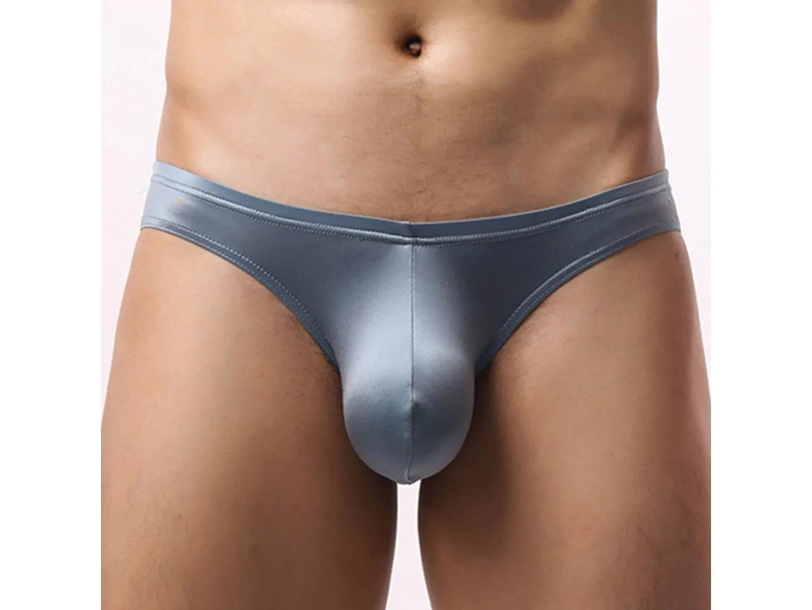 Gray low-rise form-fitting gay briefs with contoured pouch detail