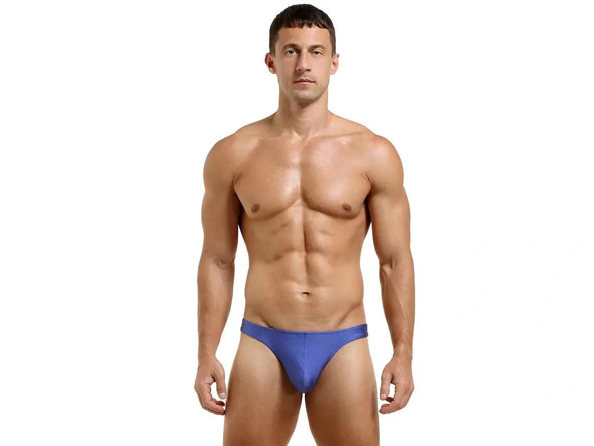 Vibrant blue smooth texture low-rise thong with contoured pouch and wide waistband