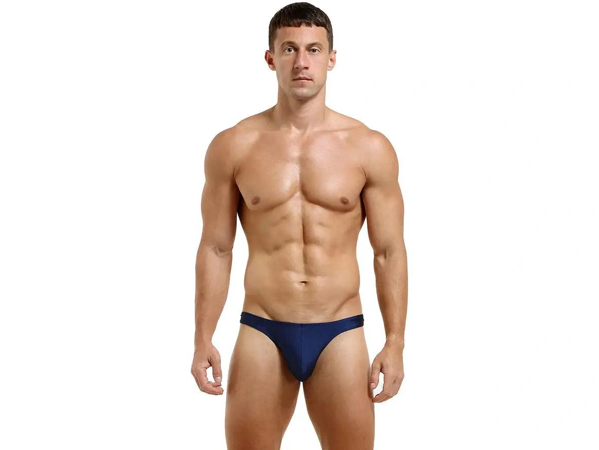 Navy blue streamlined low-rise thong front view with no visible seams or embellishments
