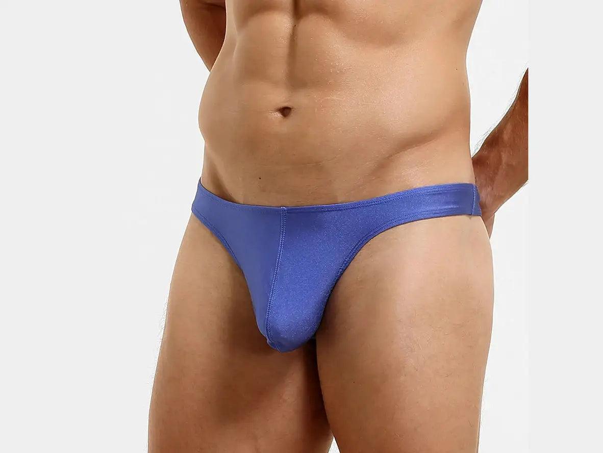 Royal blue low-rise nylon thong front detail with smooth fabric and visible stitching