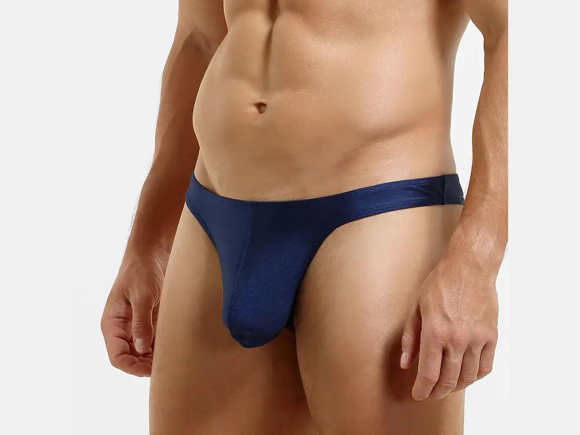 Navy blue contoured pouch low-rise thong front shot with straight waistband