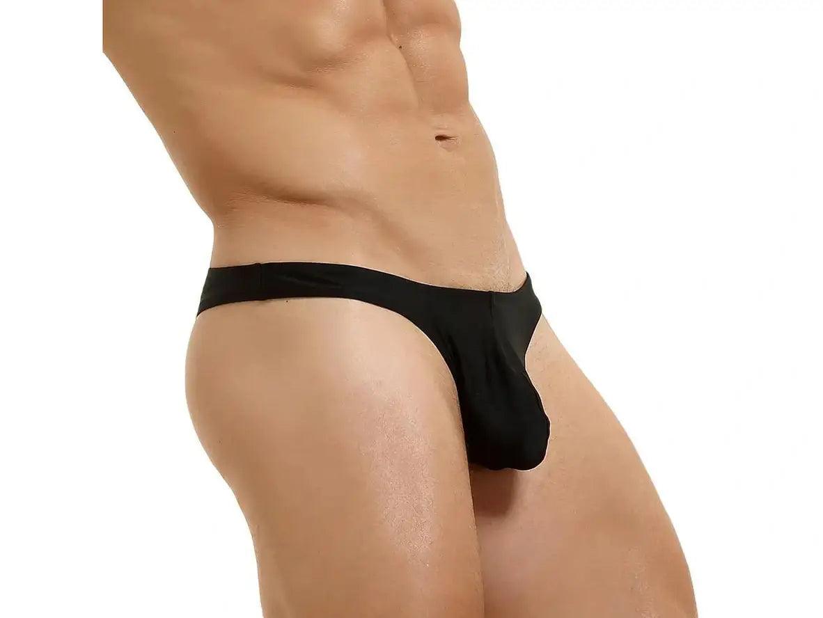 Black form-fitting low-rise thong side profile highlighting pouch section and narrow waistband