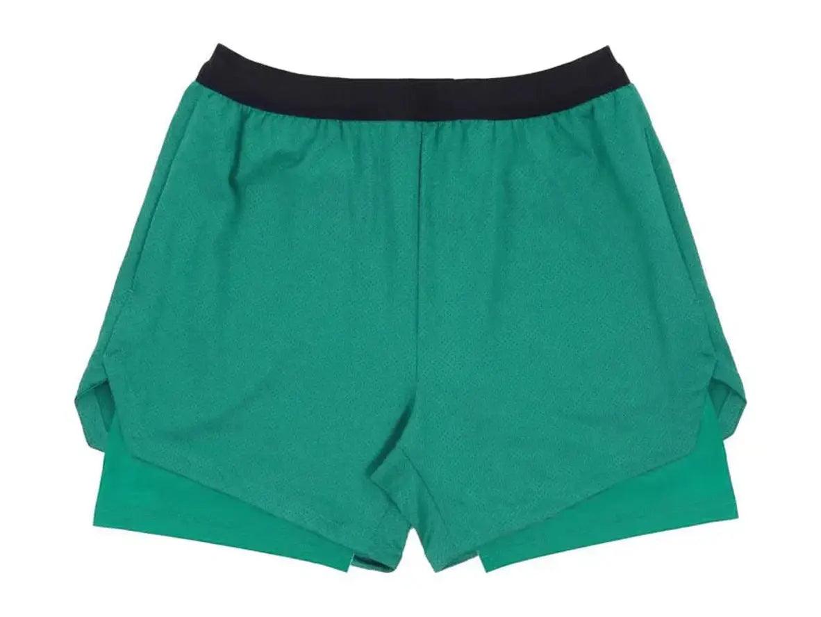 Teal double-deck athletic shorts with inner liner visible