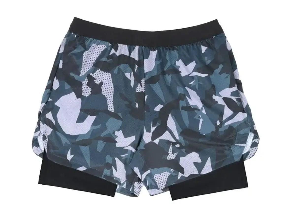 Gray and blue camouflage double-deck shorts with perforated mesh