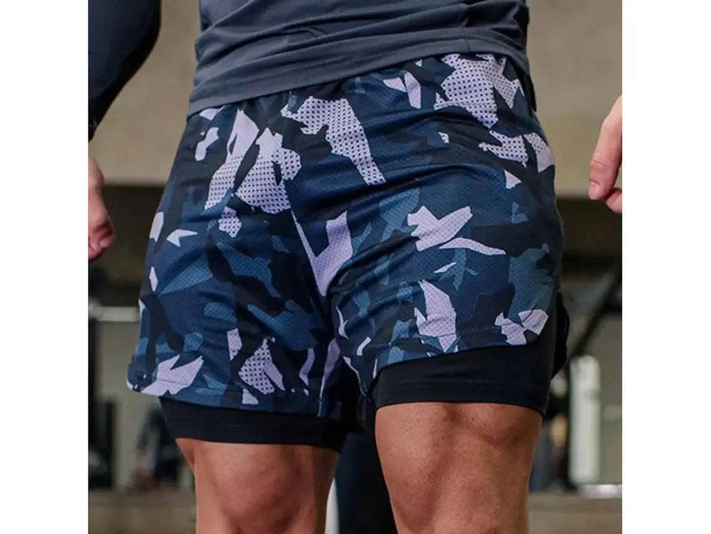 Men's camo double-layer workout shorts with mesh panels