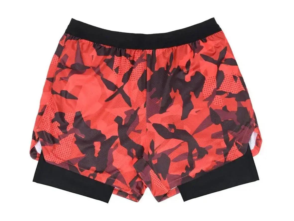 Red and black abstract camo double-deck shorts with breathable mesh