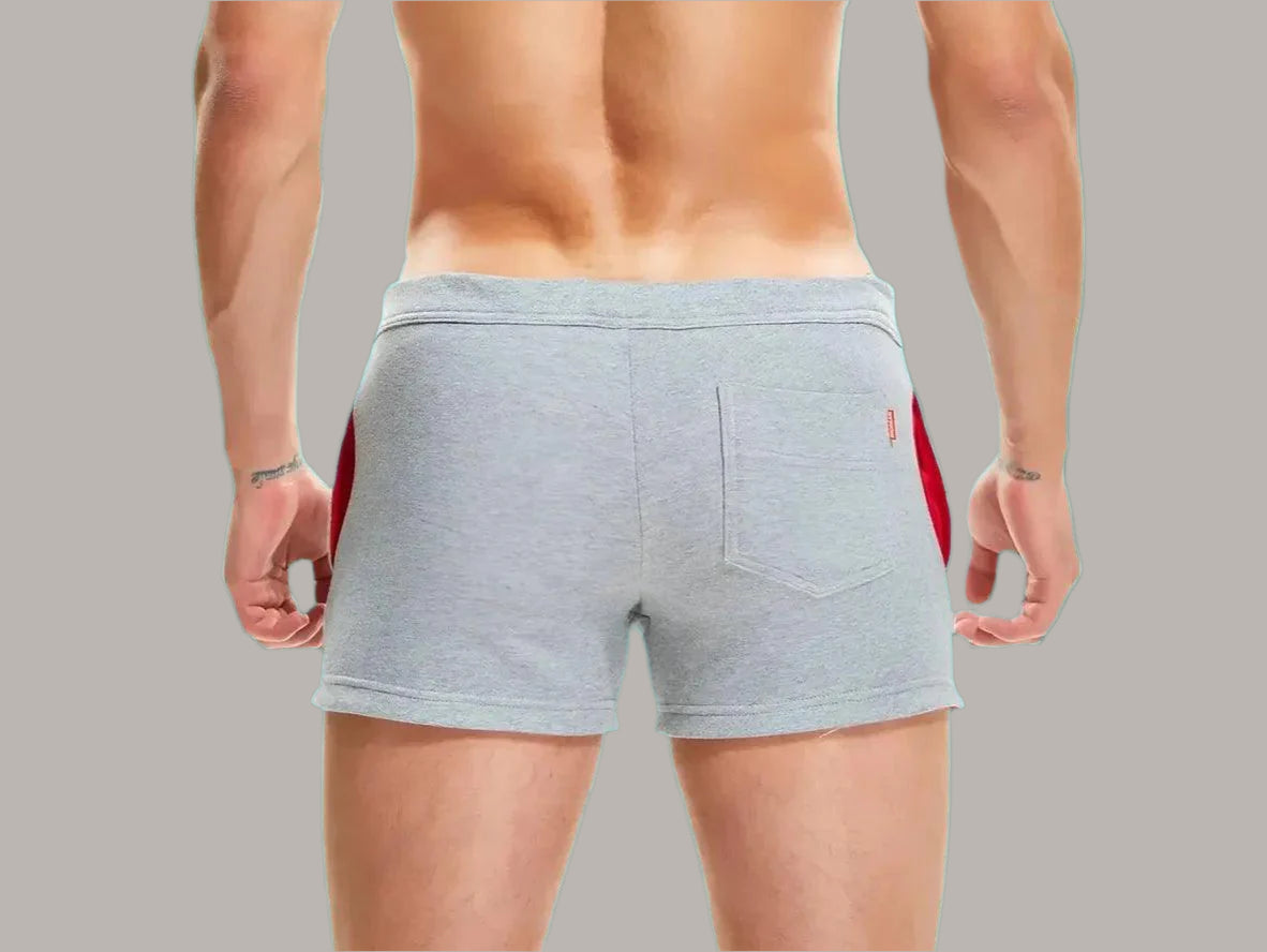 Men's heather gray SEOBEAN cotton gym shorts with red side panels and rear pocket tag