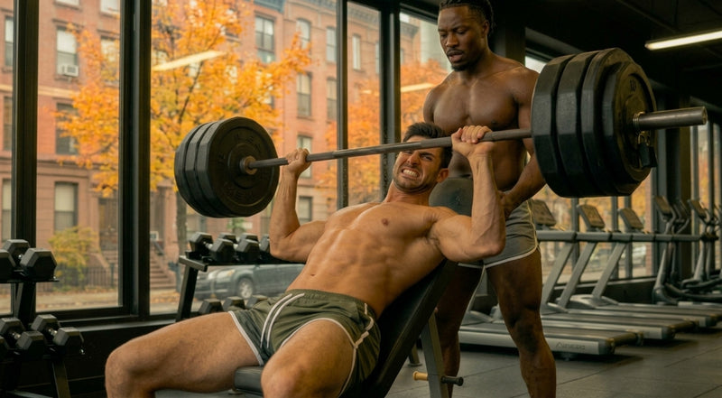 AI generated image, 2 shirtless men working out at a gym in Chelsea NY during Fall 2026, both mean wearing activewear shorts 