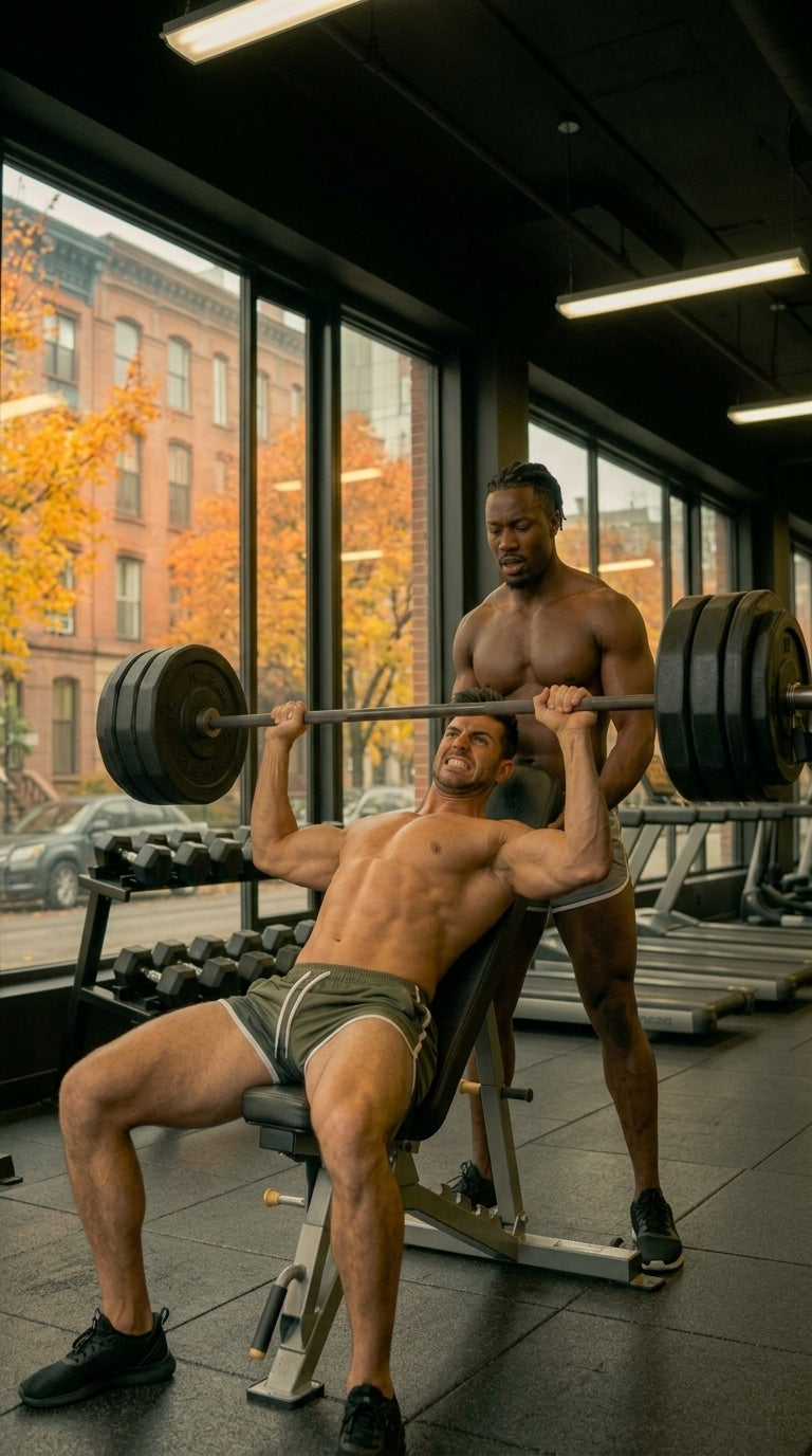 AI generated image, 2 men shirtless, working out at a Chelsea gym during Fall 2026, both been wearing activewear gym shorts from Gay Jock Underwear