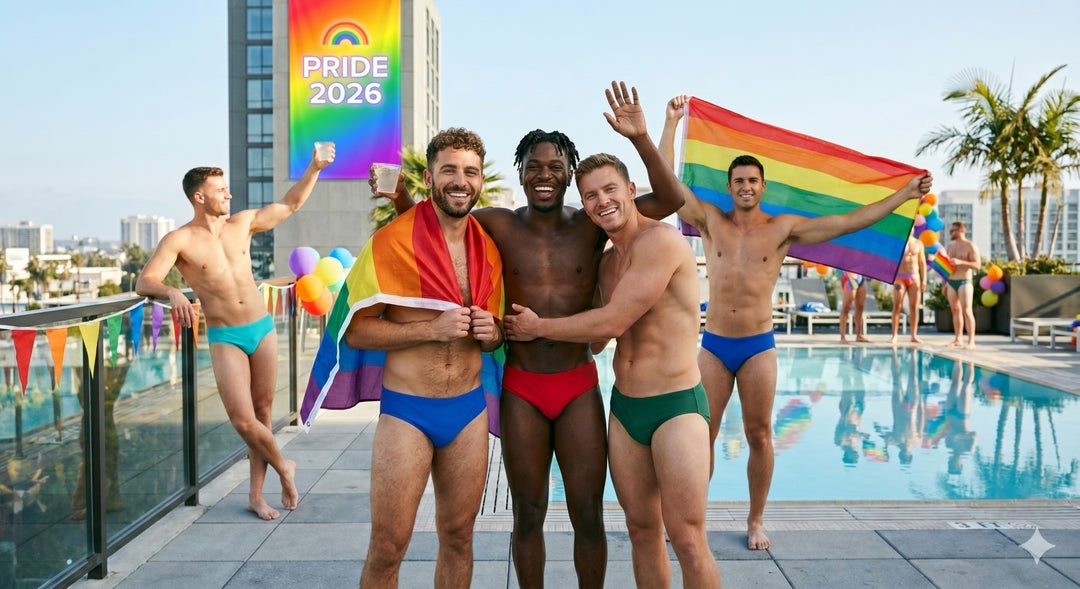 AI Generated: Group of men celebrating Pride Month by a poolside with rainbow flags.