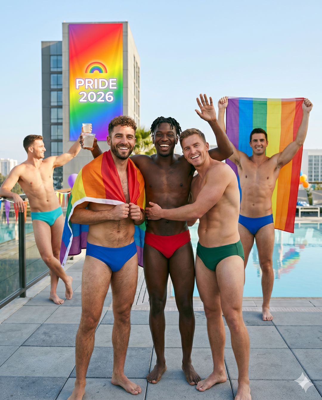 AI Generate image: Group of men in swimwear holding rainbow flags with 'Pride 2026' banner by poolside.
