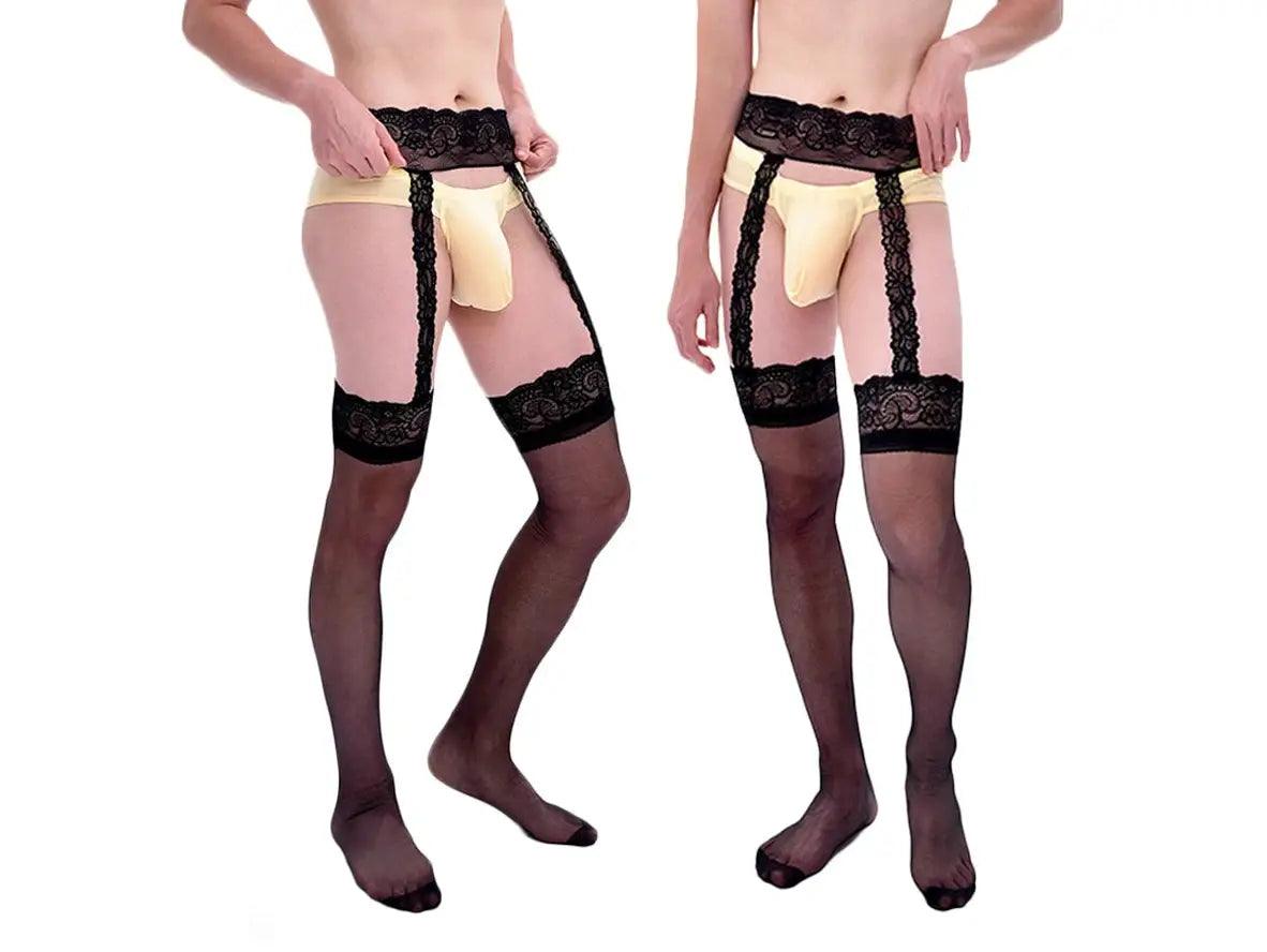 Black lace garter bodystocking for men with yellow pouch and sheer nylon fit