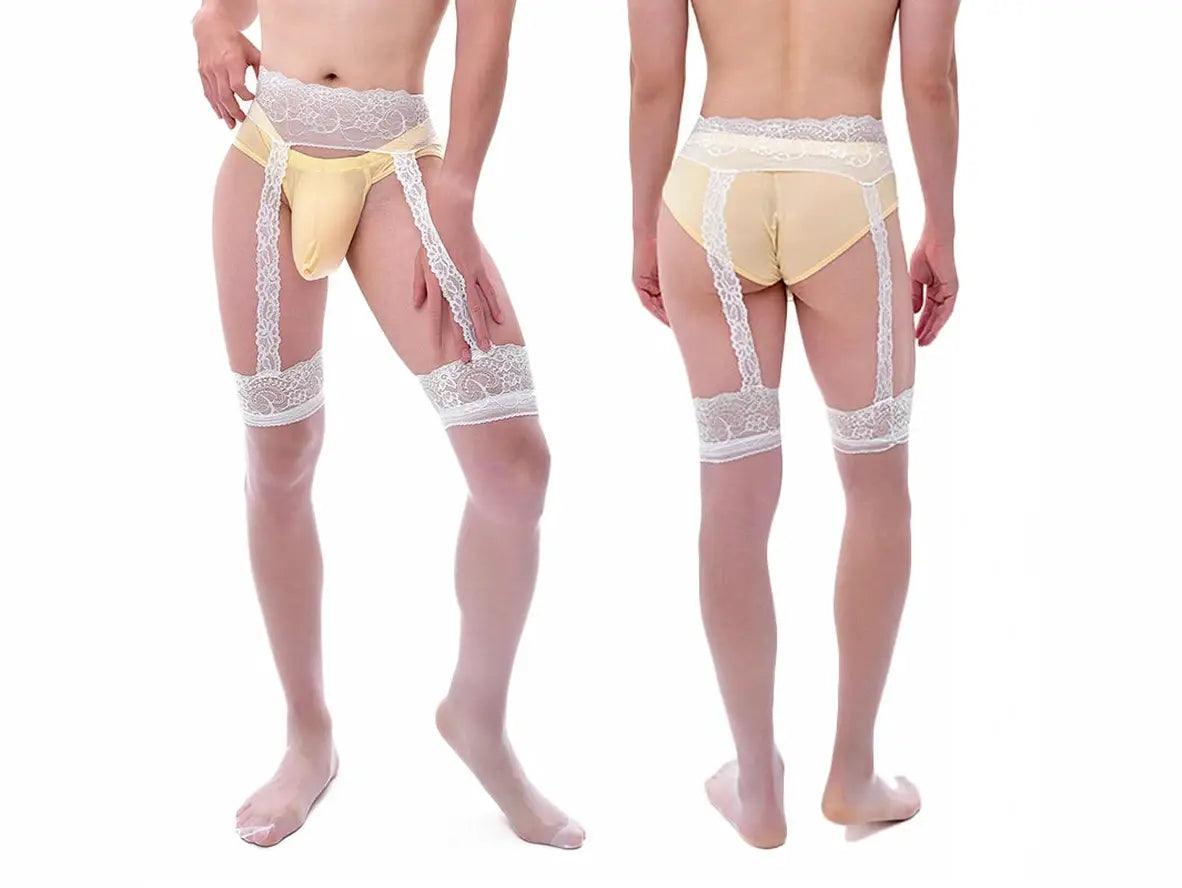 Men's white lace garter bodystocking back view showing rear straps and floral pattern