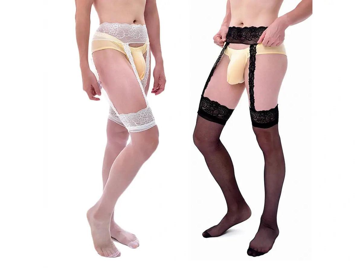 White and black floral lace garter stockings for men with front pouch detail