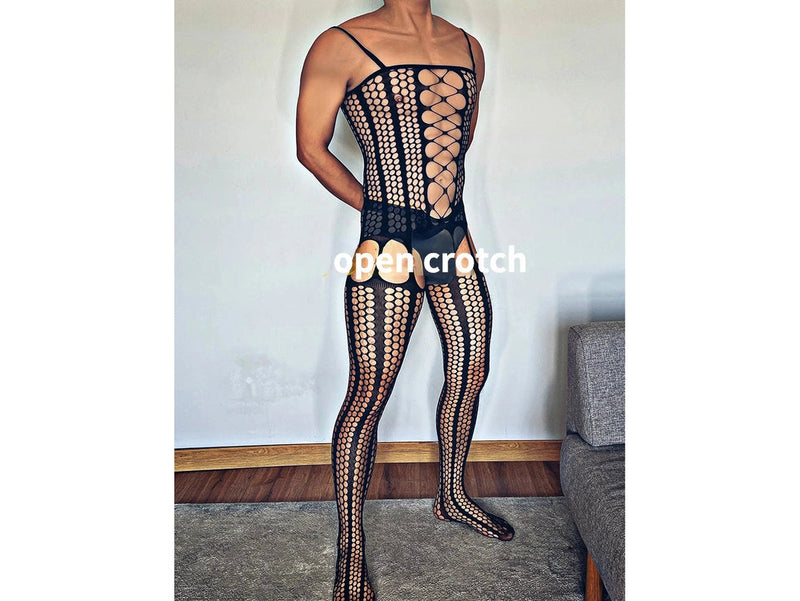 Black fishnet open crotch bodysuit for men with mesh pattern and thin straps