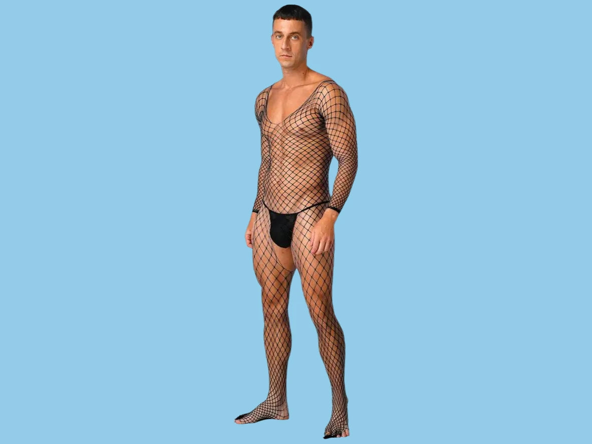 Side view of men's black fishnet bodysuit showing slim fit and solid trim details