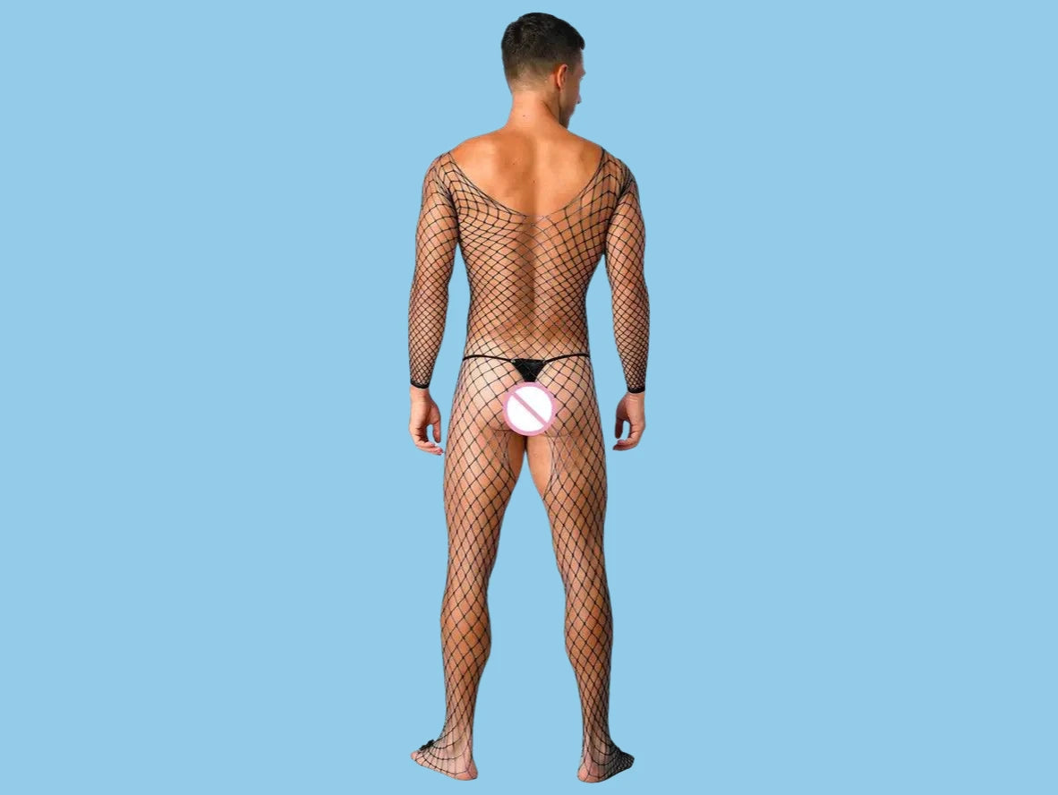 Rear view of black fishnet bodysuit for men highlighting open back and thong design