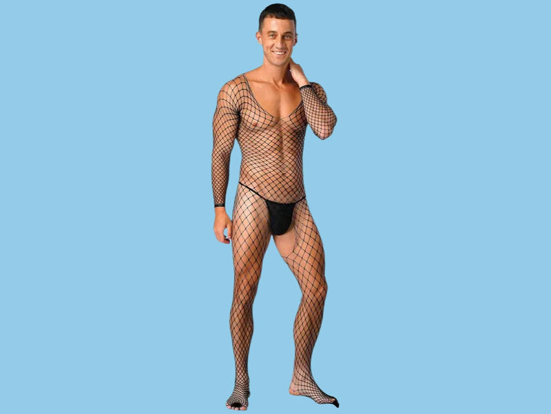 Black fishnet open crotch bodysuit for men with long sleeves and low-rise fit