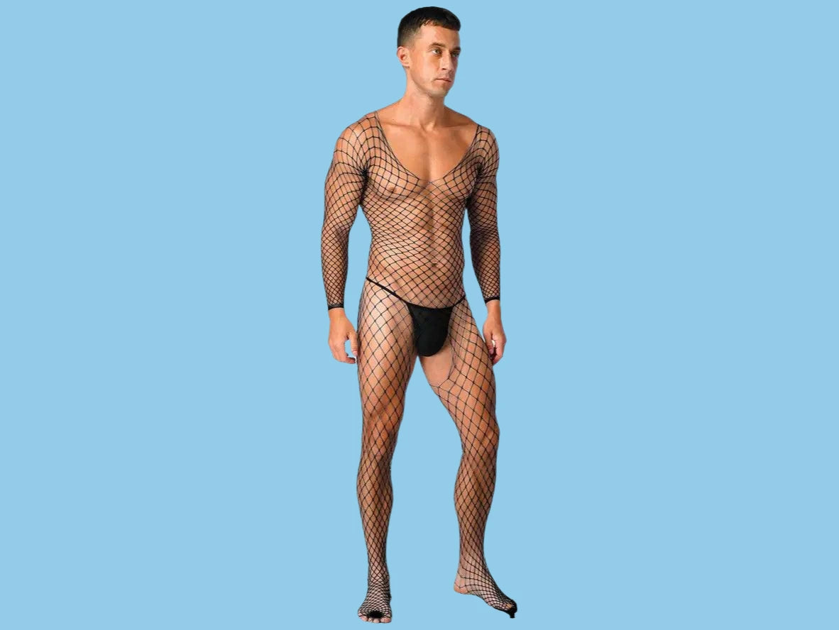 Three-quarter view of men's black fishnet bodysuit with low-rise cut and solid cuffs