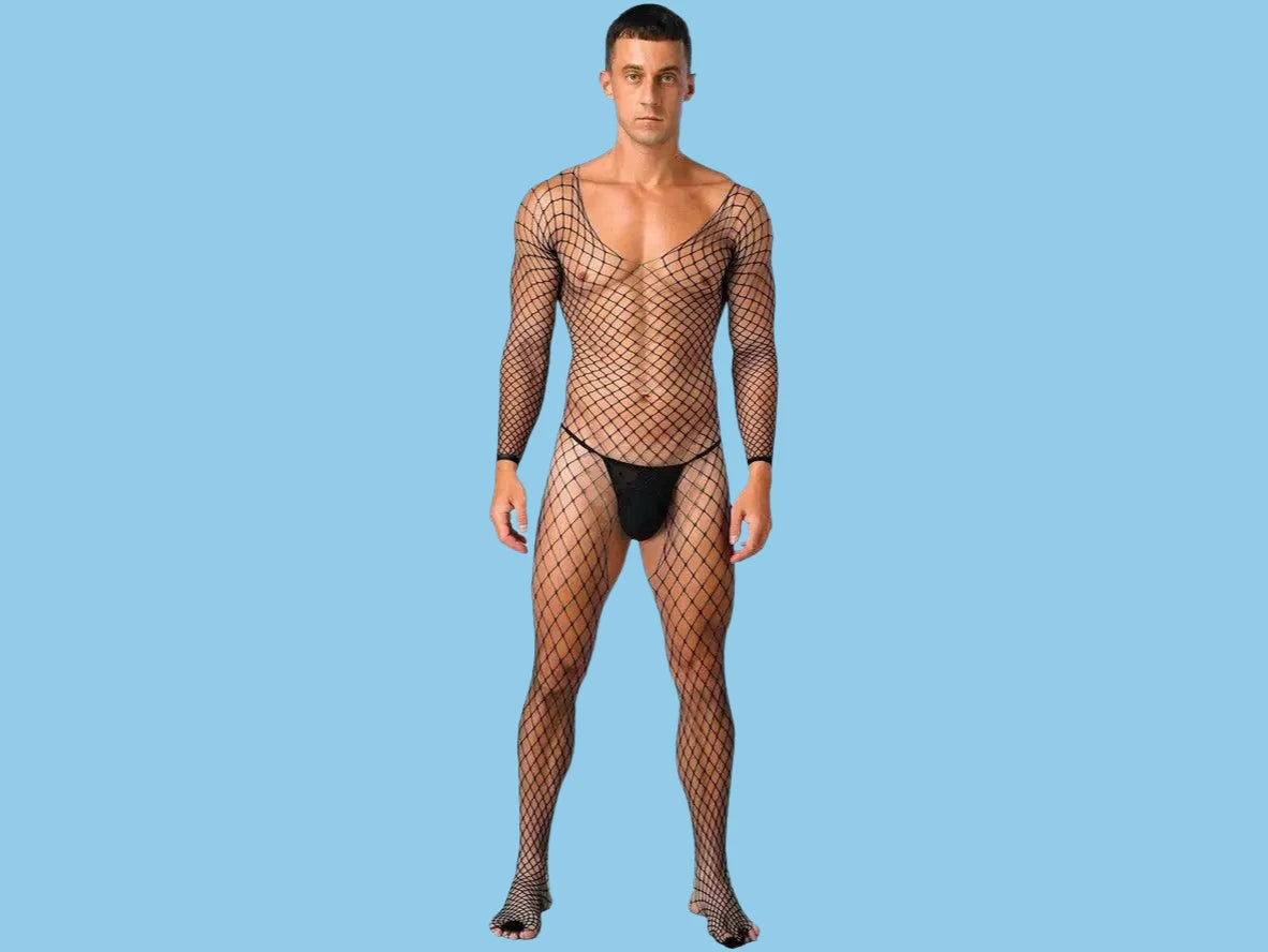 Black fishnet open crotch bodysuit for men with long sleeves and low-rise fit
