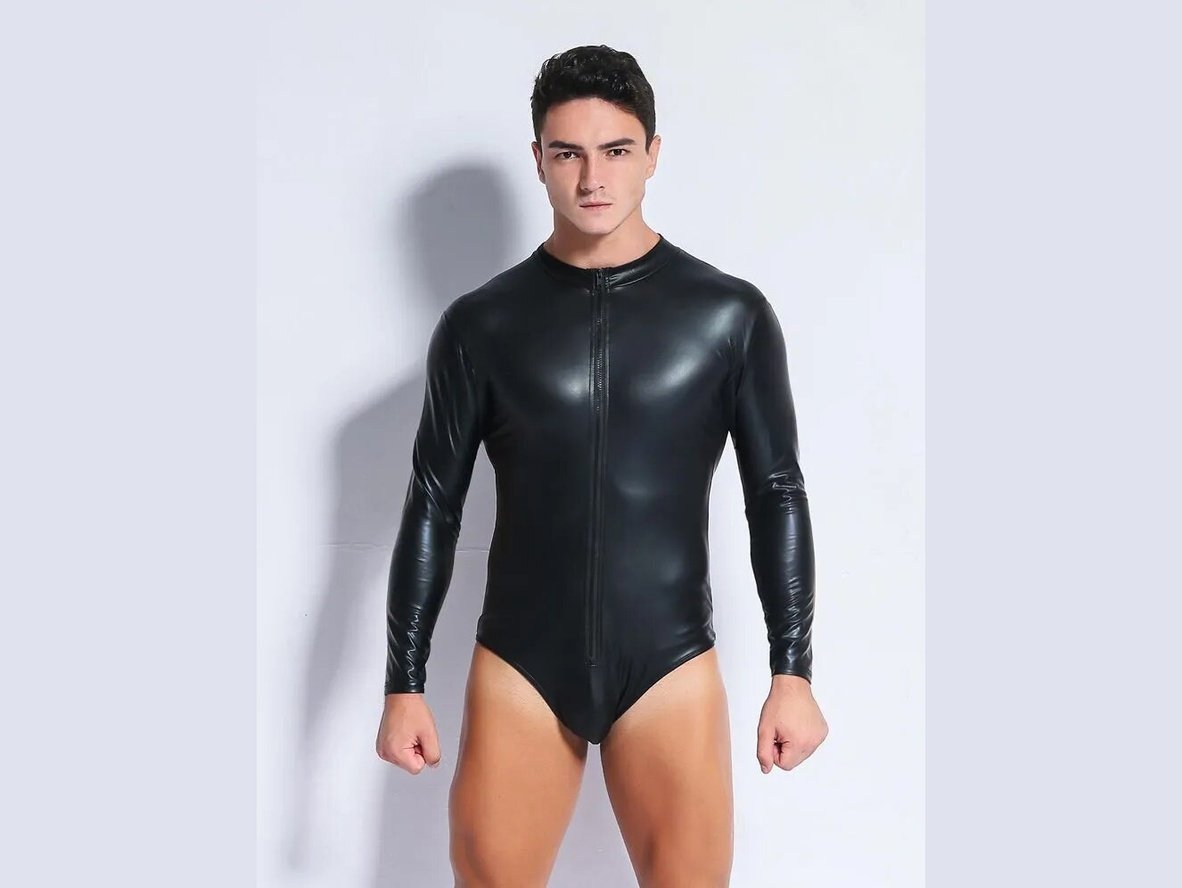 Black long-sleeve faux leather bodysuit with full front zipper