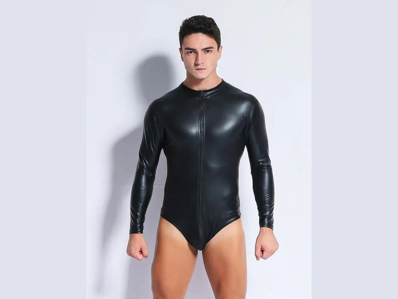 Front view black high-neck faux leather bodysuit with full zipper