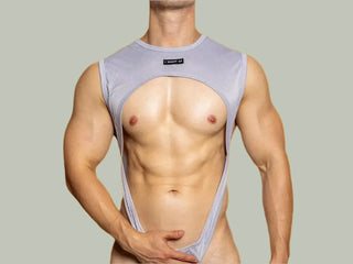 Gay Bodysuits | D.M Collection "I want u!" Bodysuit - Gray / S Waist 25-28"
