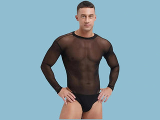 Gay Bodysuits | Sexy High Cut Long Sleeve Thong Bodysuit - Black / M Chest 30.7"