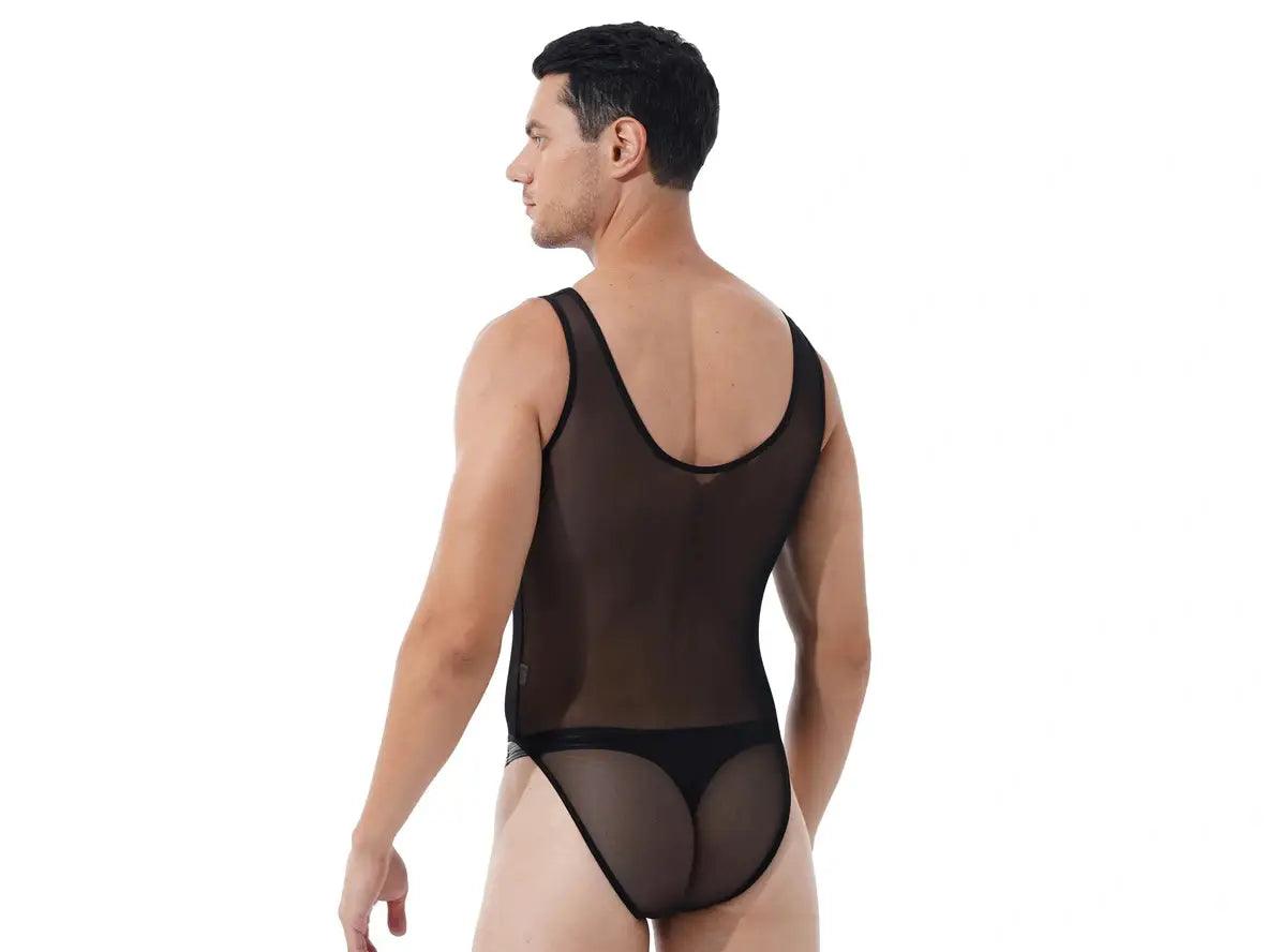 Gay Bodysuits | Sleeveless Front Zippered High Cut Mesh Bodysuit