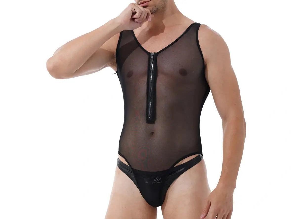 Gay Bodysuits | Sleeveless Front Zippered High Cut Mesh Bodysuit