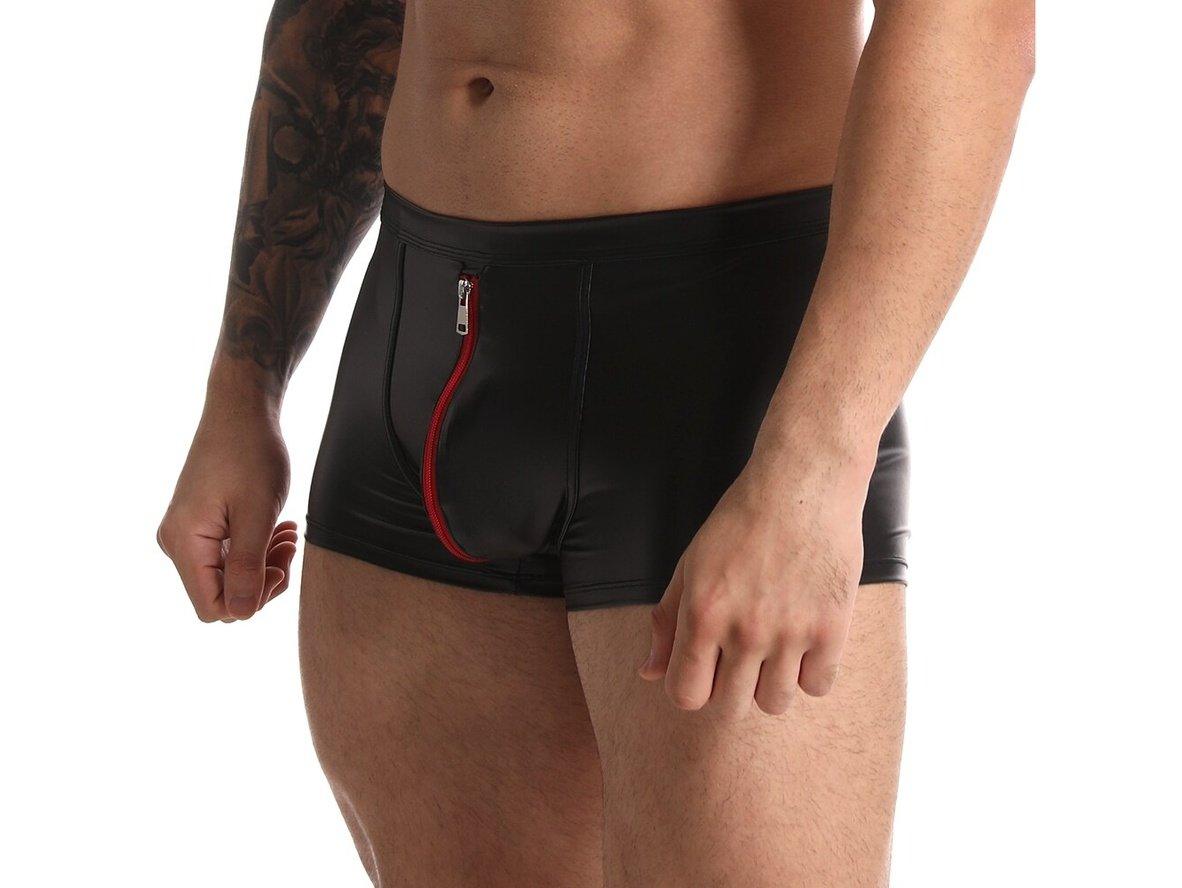 Gay Boxer Briefs | CAVE HERO Red Crotch Zipper Faux Leather Boxers