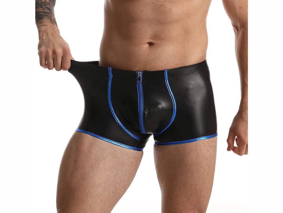 Gay Boxer Briefs | Faux Leather Bulge Pouch Zipper Boxer Briefs