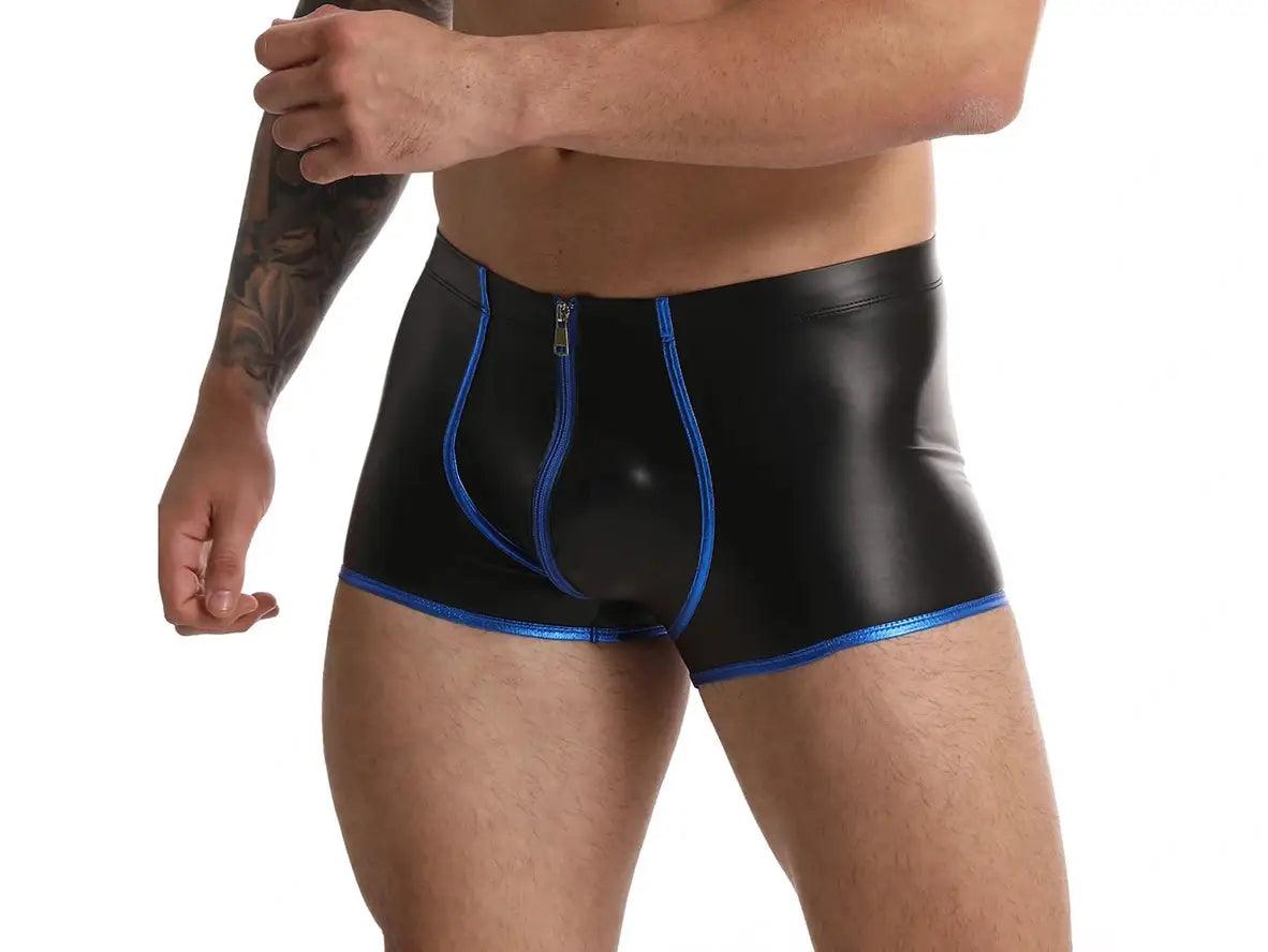 Gay Boxer Briefs | Faux Leather Bulge Pouch Zipper Boxer Briefs