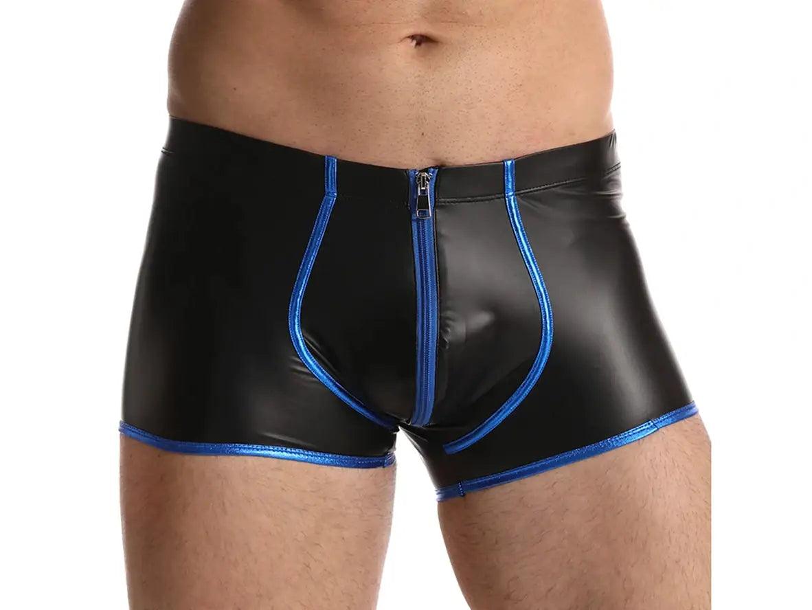 Gay Boxer Briefs | Faux Leather Bulge Pouch Zipper Boxer Briefs