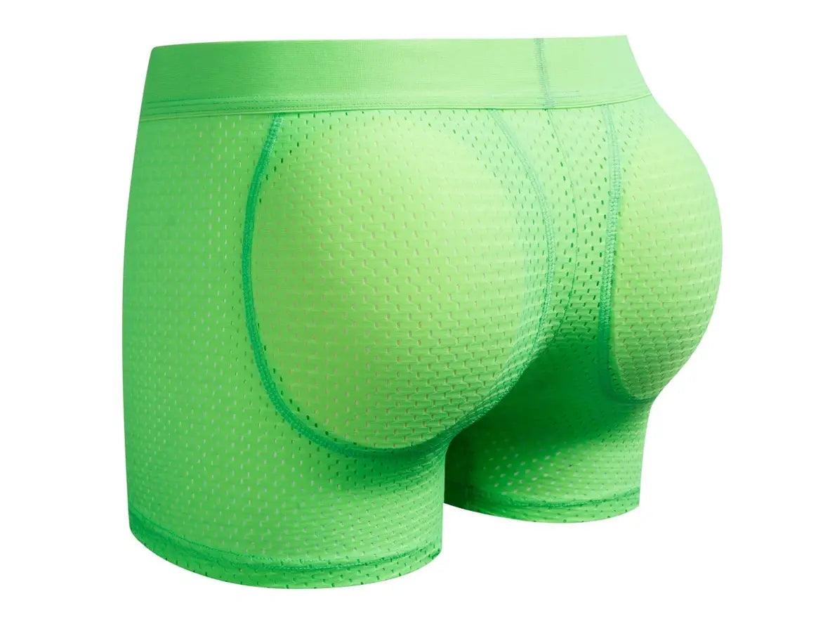 Bright green boxer briefs with outlined curved butt pads and perforated mesh fabric
