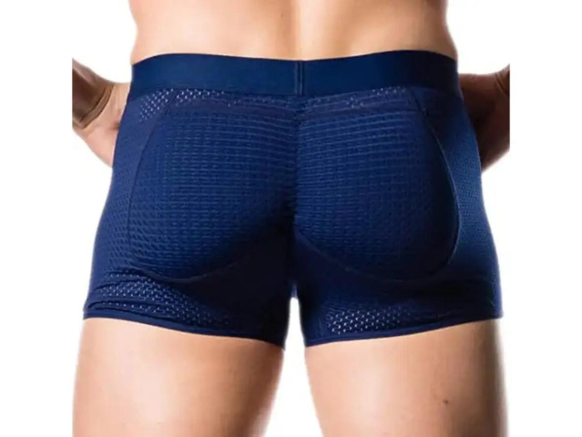 Navy blue textured mesh boxer briefs worn to show contouring effect of curved butt pads