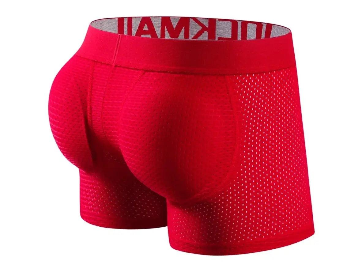 Red breathable mesh boxer briefs featuring built-in curved butt pads and snug low-rise fit