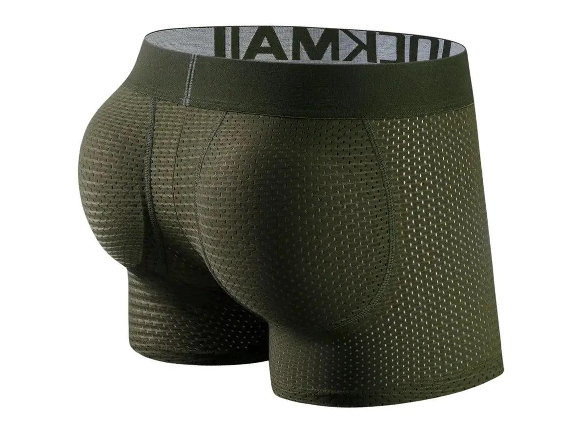 Olive green low-rise boxer briefs with textured woven back and integrated curved butt pads