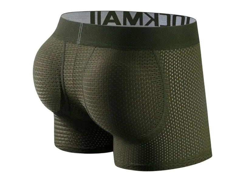 Black removable butt pad boxer briefs showing detached circular pad and perforated mesh sides