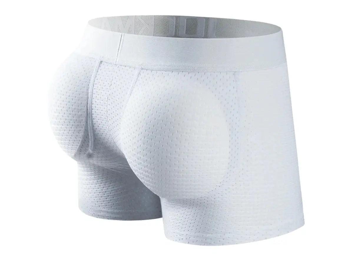 White perforated mesh boxer briefs with integrated curved butt pads and low-rise cut