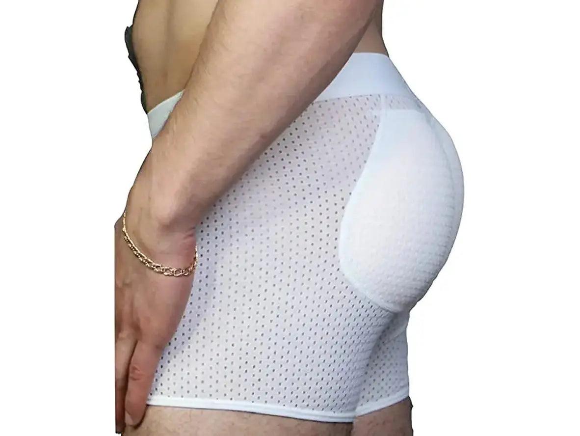 White low-rise boxer briefs with mesh back panel and single curved butt pad on side