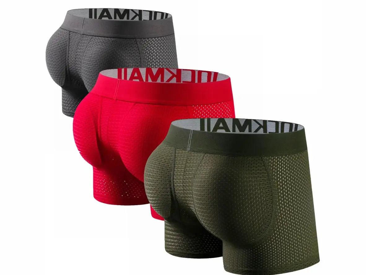 Gray red and olive green JOCKMAIL butt padded boxer briefs in low-rise perforated mesh