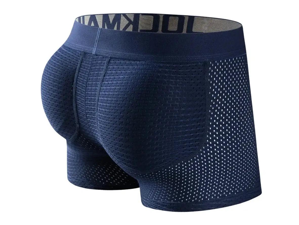 Navy blue JOCKMAIL boxer briefs with textured weave and visible shaping from curved pads