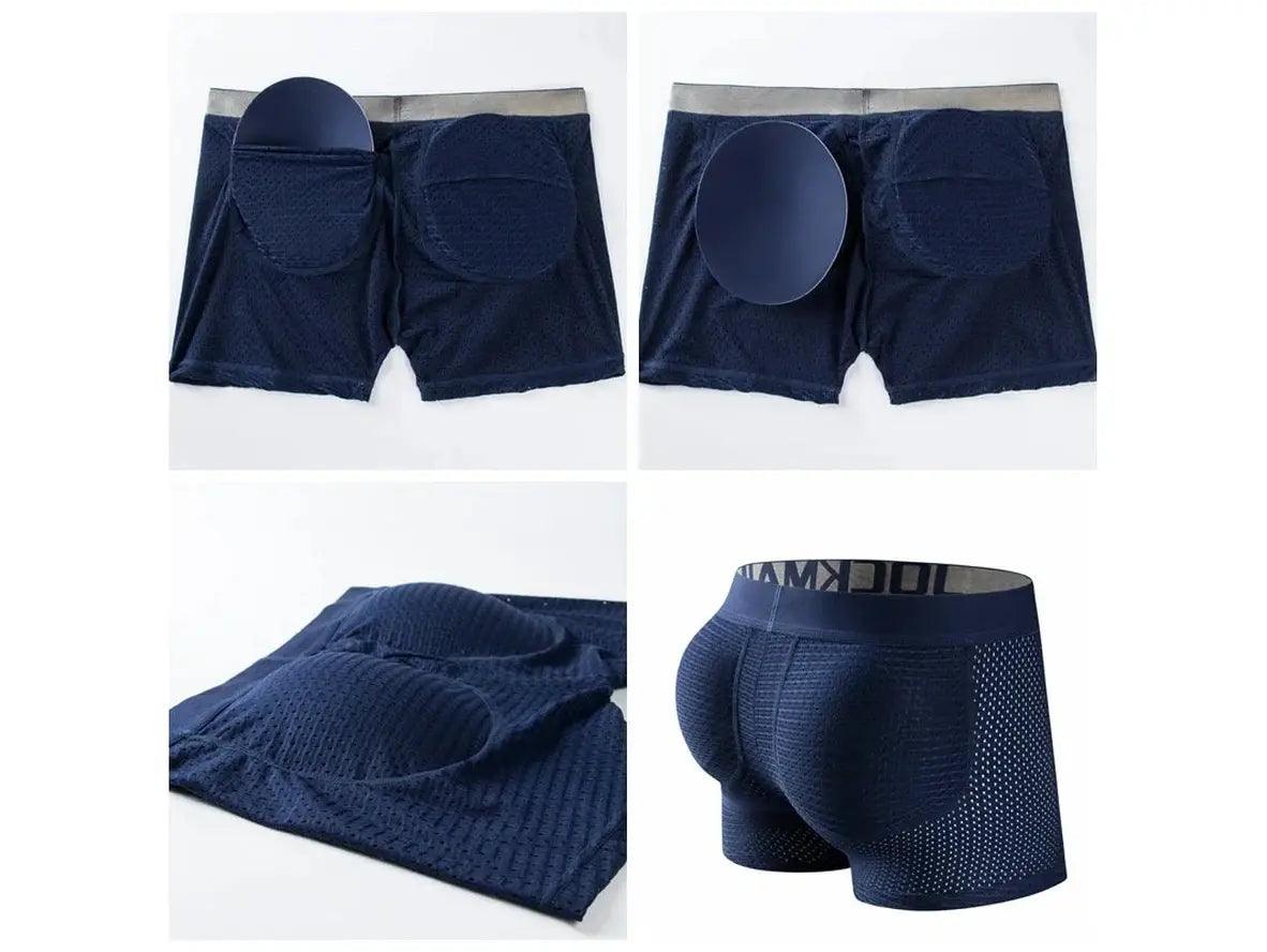 Navy blue JOCKMAIL removable butt padded boxer briefs with mesh texture and low-rise fit