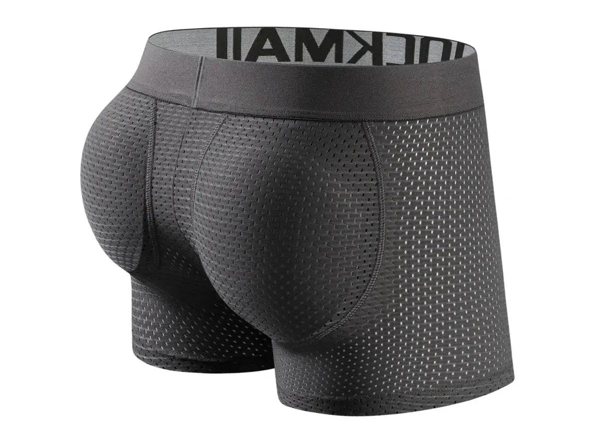 Gray JOCKMAIL boxer briefs enhancing natural shape with integrated curved butt pads