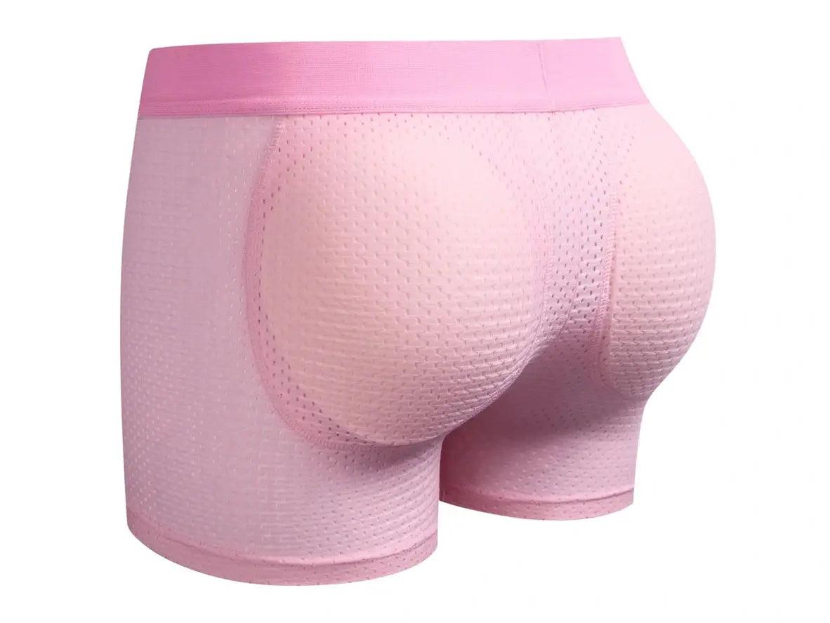 Pink mesh boxer briefs with three-dimensional shaped curved butt pads and smooth low-rise fit