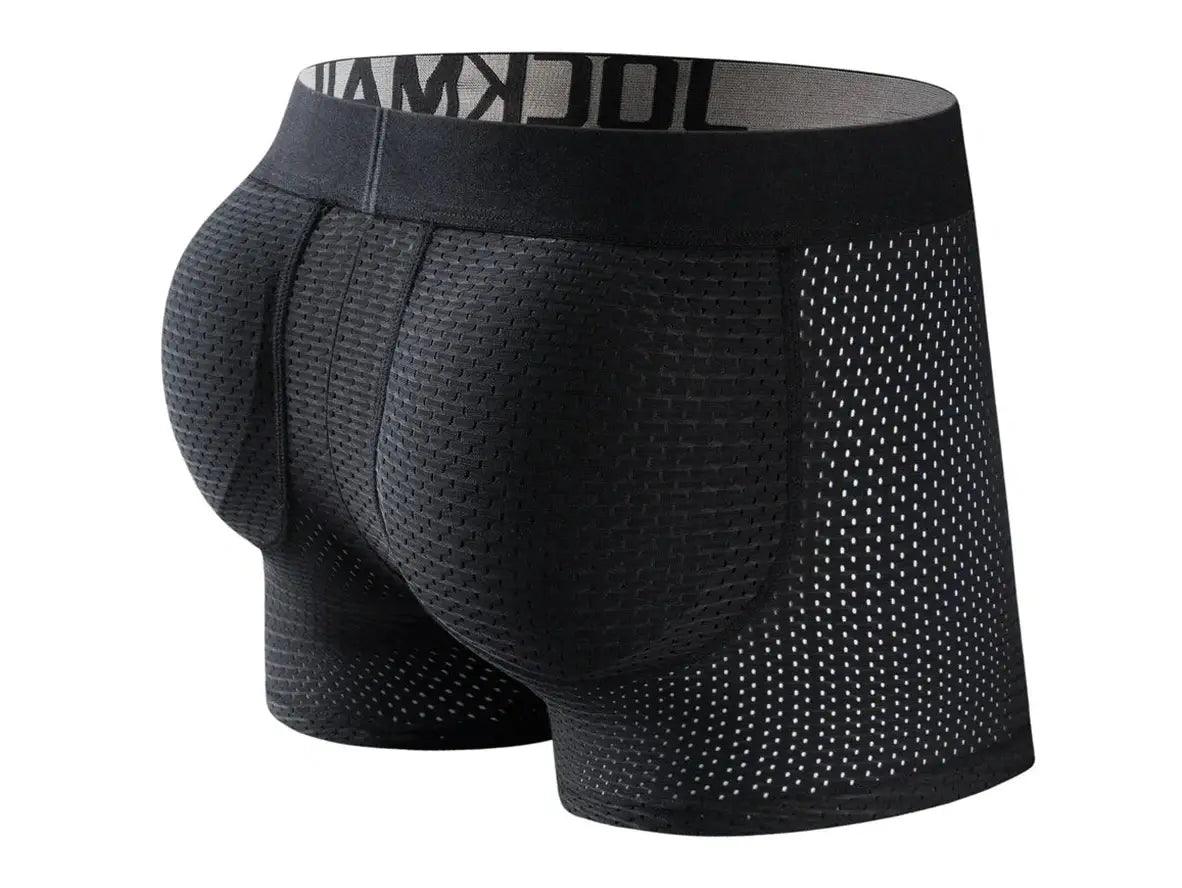 Black JOCKMAIL boxer briefs with textured rear panel and integrated curved butt pads