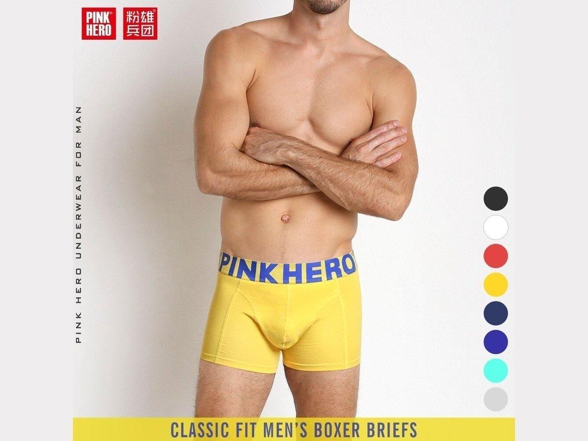 Yellow PINK HERO men's low-rise boxer briefs on model with blue waistband and color options